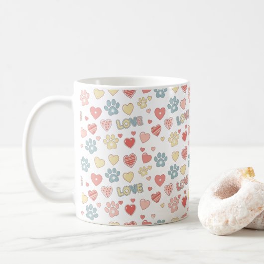 Cute Pastel Paw Prints and Hearts "LOVE" Pattern Kaffeetasse (Mit Donut)