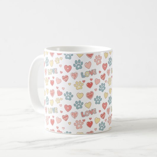 Cute Pastel Paw Prints and Hearts "LOVE" Pattern  Kaffeetasse (Vorderseite Links)