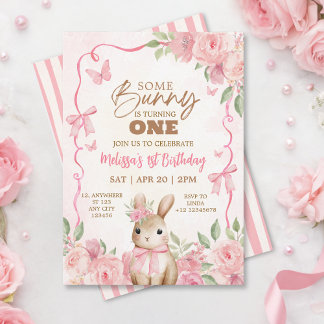 Cute Pastel Pink Bunny Floral Birthday  Einladung