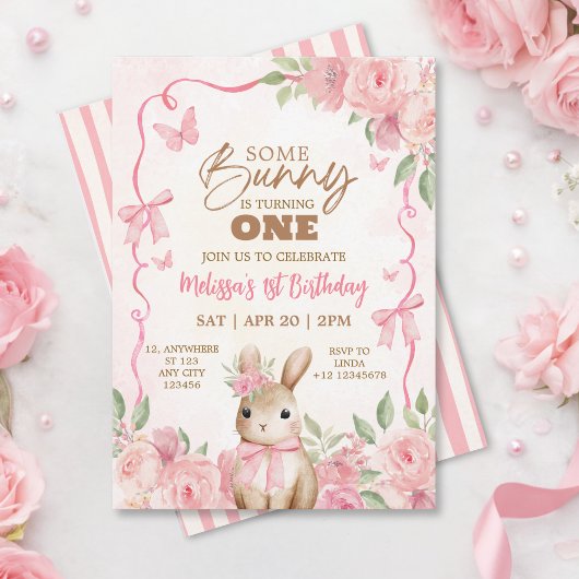 Cute Pastel Pink Bunny Floral Birthday Einladung