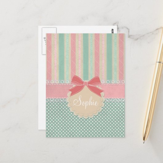 Cute Pastel Polka Dot & Stripes Design Postkarte (Vorderseite/Rückseite Beispiel)