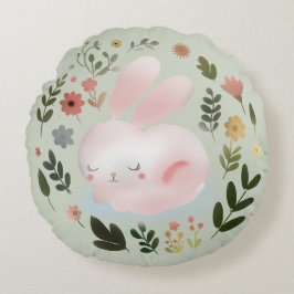 Cute Pastel Spring Bunny Floral Wreath Nursery Art Rundes Kissen