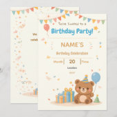 Cute Pastel Teddy Bear Kids Birthday Invitation Einladung (Vorne/Hinten)