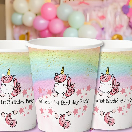 Cute Pastel Unicorn & Rainbow Birthday Party Pappbecher