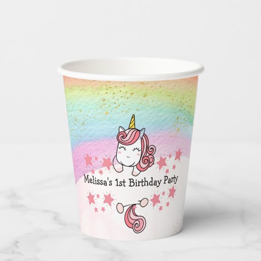 Cute Pastel Unicorn & Rainbow Birthday Party Pappbecher (Rückseite)