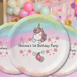 Cute Pastel Unicorn & Rainbow Birthday Party Pappteller