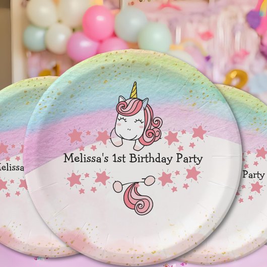 Cute Pastel Unicorn & Rainbow Birthday Party Pappteller