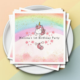 Cute Pastel Unicorn & Rainbow First Birthday Serviette