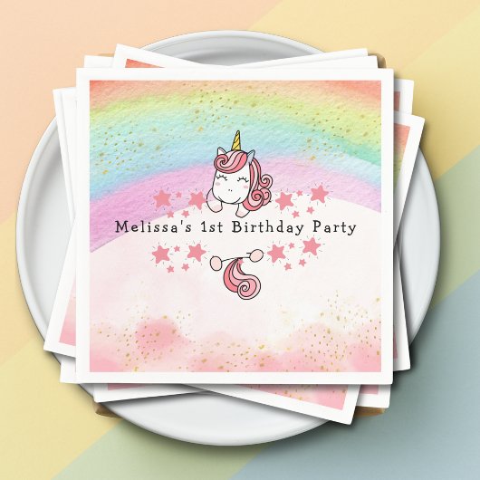 Cute Pastel Unicorn & Rainbow First Birthday Serviette