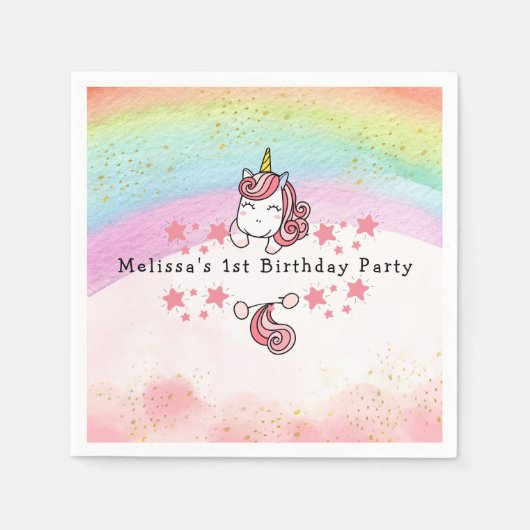 Cute Pastel Unicorn & Rainbow First Birthday Serviette (Vorderseite)