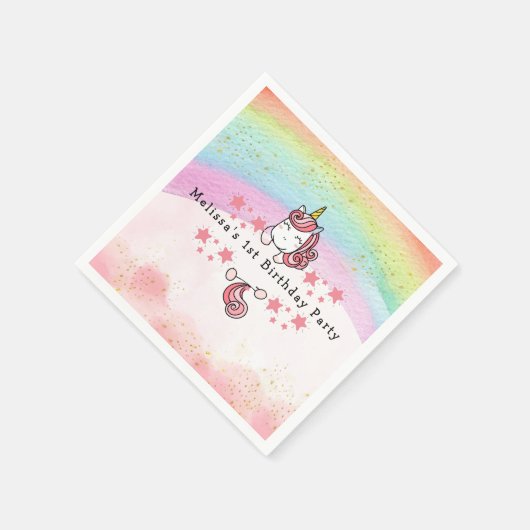 Cute Pastel Unicorn & Rainbow First Birthday  Serviette (Ecke)