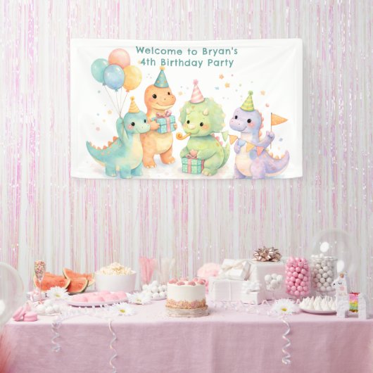 Cute Pastel Watercolor Dinosaurs Birthday Banner (Party)