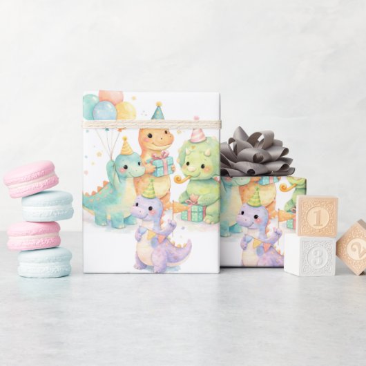 Cute Pastel Watercolor Dinosaurs Birthday Geschenkpapier (Babyparty)