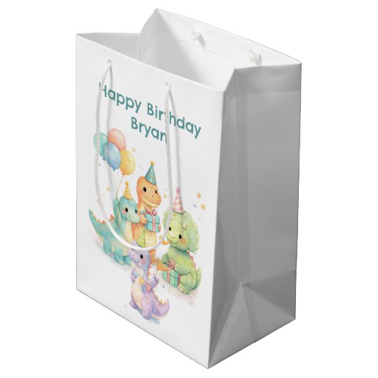 Cute Pastel Watercolor Dinosaurs Birthday Mittlere Geschenktüte (Rückseite Schrägansicht)