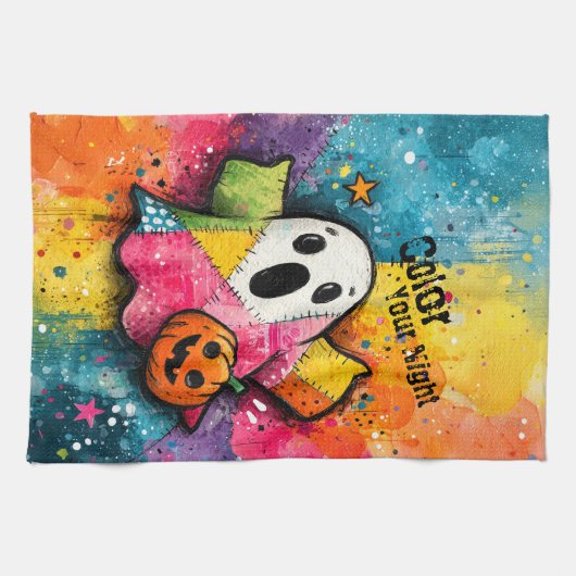 Cute Patchwork Ghost Colorful Splatter Art Geschirrtuch (Horizontal)