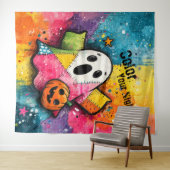Cute Patchwork Ghost Colorful Splatter Art Wandteppich (Beispiel (Horizontal))