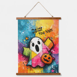Cute Patchwork Ghost Colorful Splatter Art Wandteppich Mit Holzrahmen