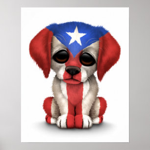 Cute Patriotic Puerto Rico Flag Puppy Dog, White Poster