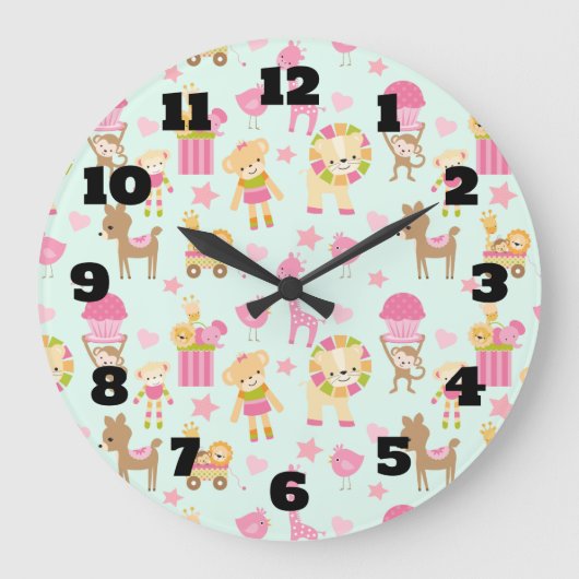 Cute Pattern with Whimsical Animals & Toys Große Wanduhr (Vorderseite)