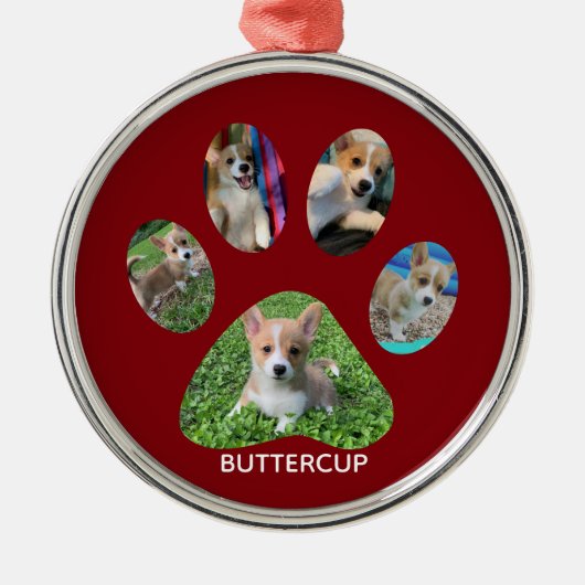 Cute Paw Print 5 Foto von Dog Christmas Red Ornament Aus Metall (Vorne)