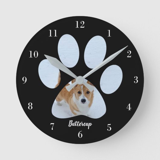 Cute Paw Print Dog Photo Custom Pet Owner Black Runde Wanduhr (Vorderseite)