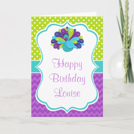Cute Peacock Green and Purple Birthday Karte (Vorderseite)
