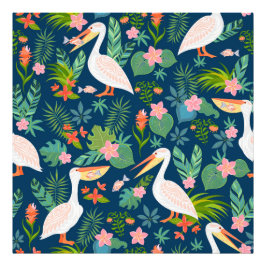 Cute pelicans colorful tropical flowers pattern fotodruck