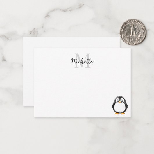 Cute Penguin Cartoon Blank Custom Monogram Mitteilungskarte (Vorderseite/Rückseite Beispiel)