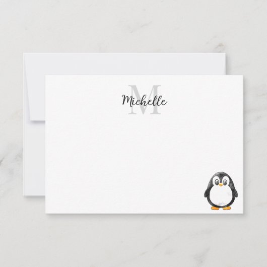 Cute Penguin Cartoon Custom Monogram Mitteilungskarte (Vorderseite)