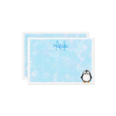 Cute Penguin Cartoon Custom Monogram Pastel Blue Mitteilungskarte (Vorderseite/Rückseite Beispiel)