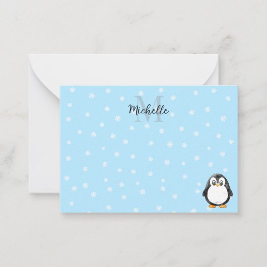 Cute Penguin Cartoon Snow Custom Monogram Mitteilungskarte (Vorderseite)