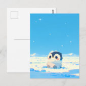 Cute Penguin Chick in Starry Arctic Landscape Postkarte (Vorne/Hinten)