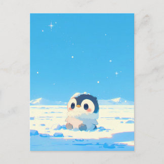 Cute Penguin Chick in Starry Arctic Landscape Postkarte