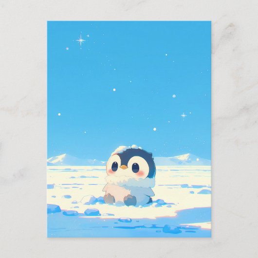 Cute Penguin Chick in Starry Arctic Landscape Postkarte (Vorderseite)