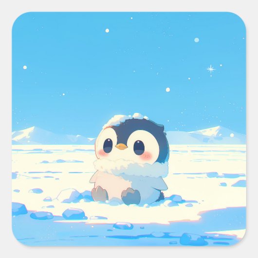 Cute Penguin Chick in Starry Arctic Landscape Quadratischer Aufkleber (Vorderseite)