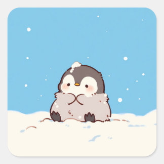 Cute Penguin Chick in Winter Snow Quadratischer Aufkleber
