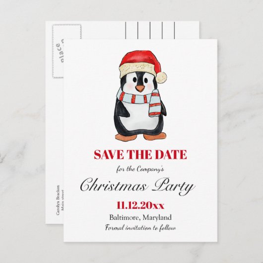 Cute Penguin | Christmas Party Save The Date  Ankündigungspostkarte (Vorne/Hinten)