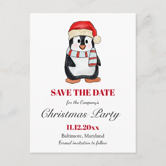 Cute Penguin | Christmas Party Save The Date Ankündigungspostkarte (Vorderseite)