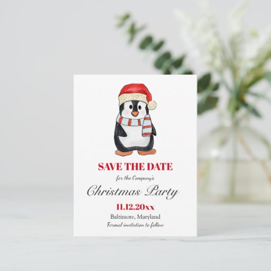 Cute Penguin | Christmas Party Save The Date  Ankündigungspostkarte (Stehend Vorderseite)