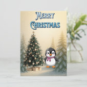 Cute Penguin & Christmas Tree Flat Holiday Card Einladung (Stehend Vorderseite)