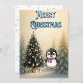 Cute Penguin & Christmas Tree Flat Holiday Card Einladung (Vorne/Hinten)