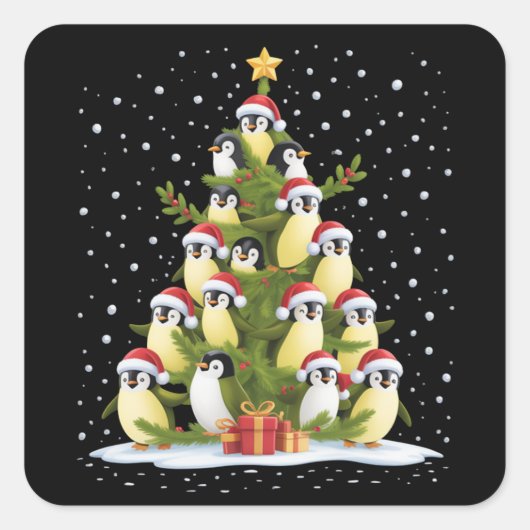 Cute Penguin Christmas Tree Funny Holiday Quadratischer Aufkleber (Vorderseite)