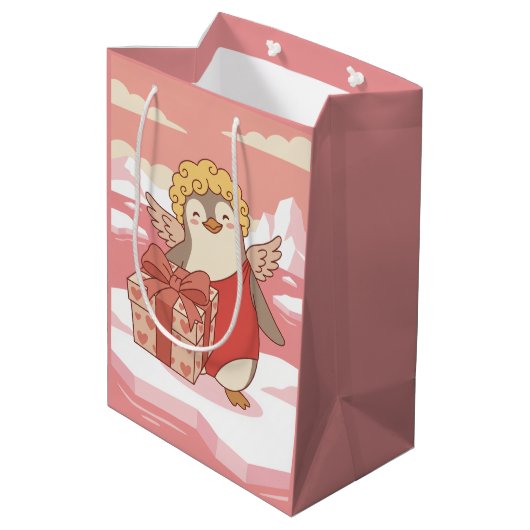 Cute Penguin Cupid Galentine Gift Bag Mittlere Geschenktüte (Rückseite Schrägansicht)