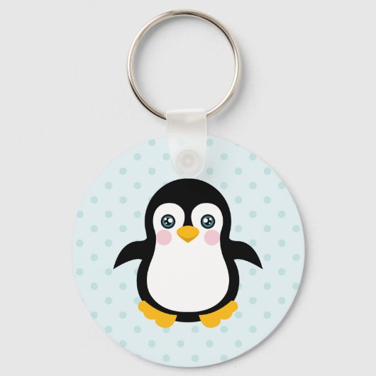 Cute Penguin Design Blue Polka Dot Background Schlüsselanhänger (Vorderseite)