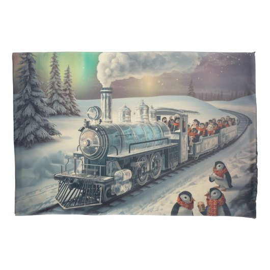 Cute Penguin Express Train Northern Lights Kissenbezug (Vorderseite)
