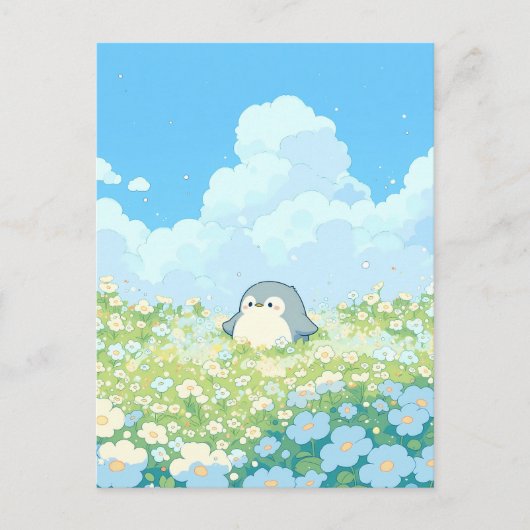 Cute Penguin in Blue and White Meadow Postkarte (Vorderseite)