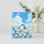 Cute Penguin in Blue Flower Meadow Postkarte (Stehend Vorderseite)