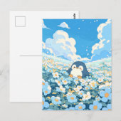 Cute Penguin in Blue Flower Meadow Postkarte (Vorne/Hinten)