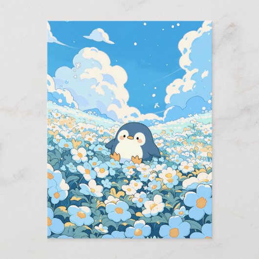 Cute Penguin in Blue Flower Meadow Postkarte (Vorderseite)
