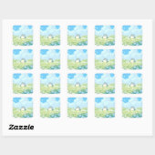 Cute Penguin in Blue Spring Meadow Quadratischer Aufkleber (Blatt)